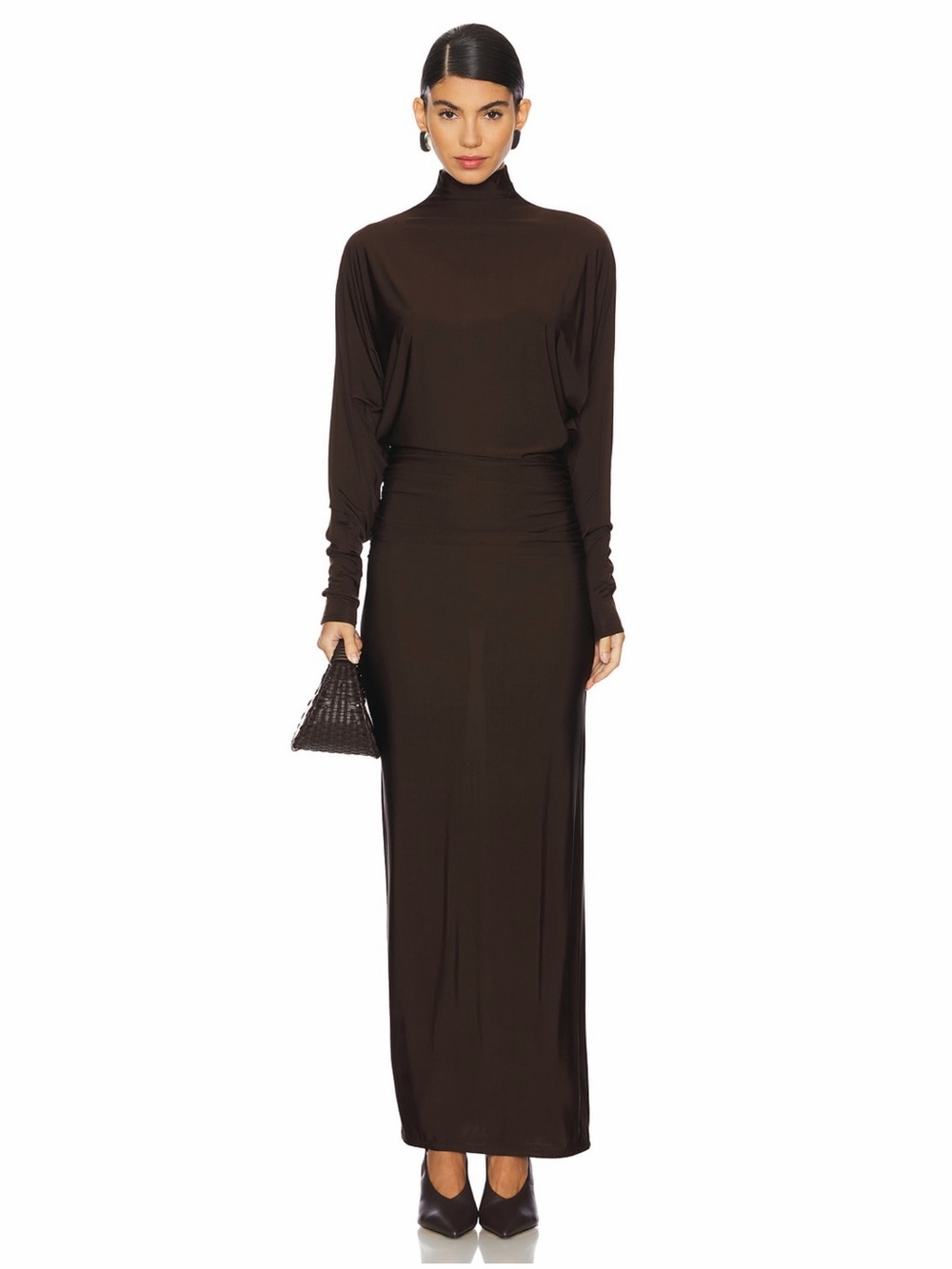 Eaves Revolve Shir Brown Long Sleeve Turtleneck Jersey Maxi Dress Size XXS DWT